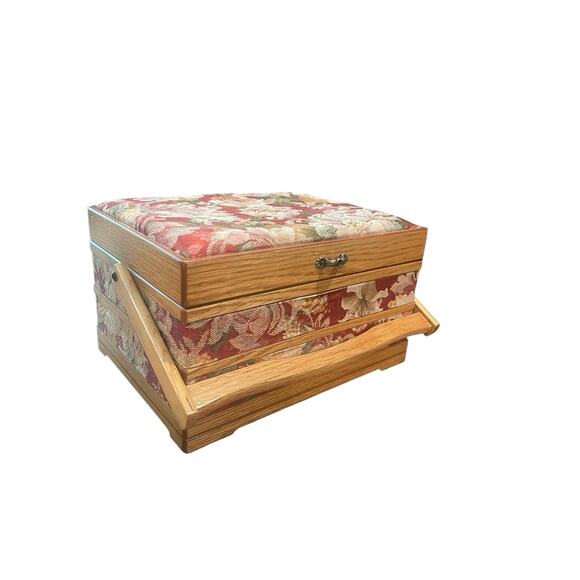 Vintage Wooden Floral Tapestry Sewing Box with Divider Tray Wood Handle Storage - Picture 1 of 8